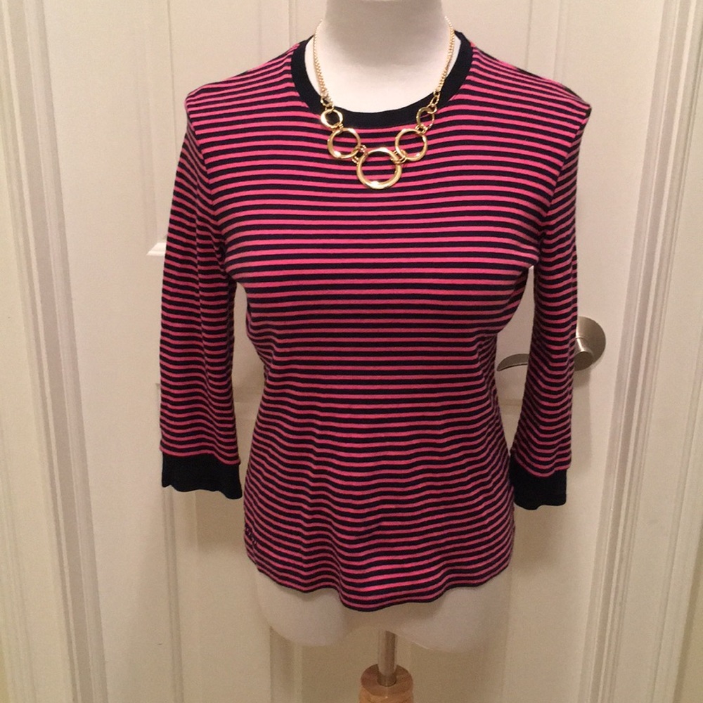Crew Neck 3/4 Sleeved Cotton Striped Top